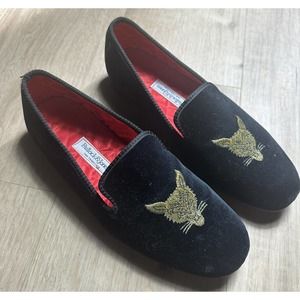 Bullock & Jones made in England fox embroidered velvet smoking slippers shoes 8